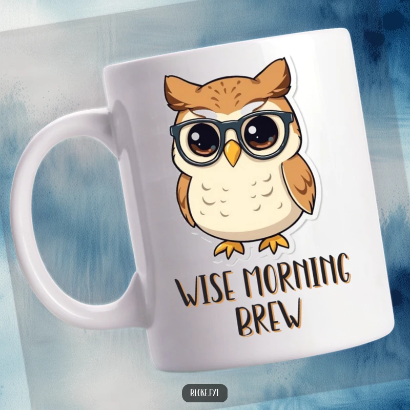 Funny small, round owl with a wise look tipping its spectacles, embodying intelligence and humor on this mug.