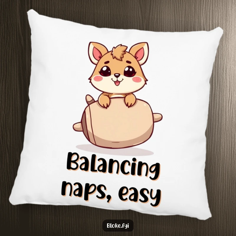 Funny Pillow: A determined animal character humorously balances a large, unstable object, offering plush comfort and a dose of resilience.