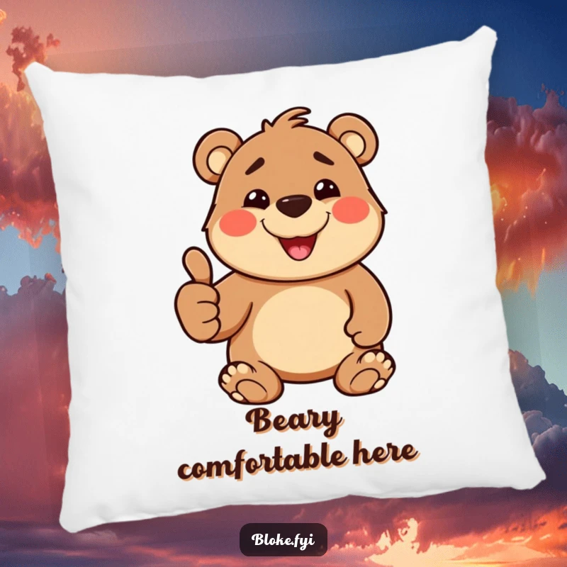 Funny Pillow featuring a cuddly, stout bear character with a goofy grin and a large thumbs-up, ideal for decor.