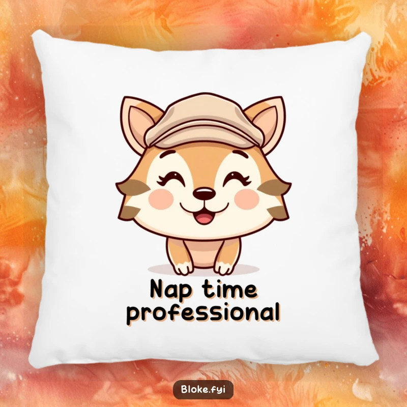 Funny pillow featuring a cute, smiling animal character wearing a flat cap, radiating a cheeky and playful demeanor.