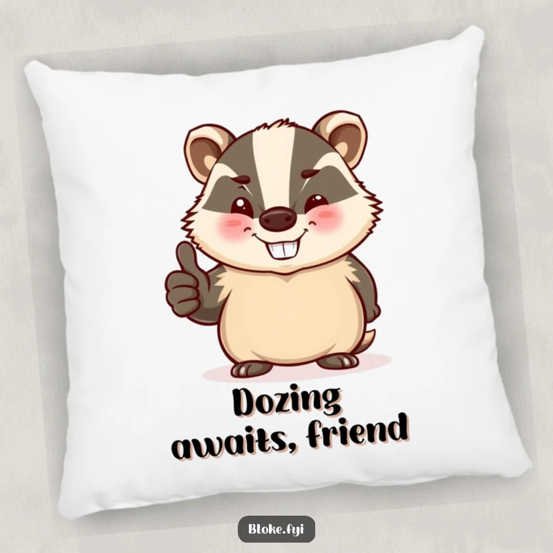 Funny pillow featuring a stout, jovial badger winking and giving a thumbs-up, perfect for cozying up.