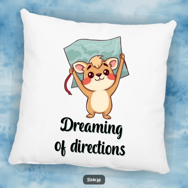 Funny pillow featuring a confused bloke animal character holding a map upside down, adding comfort and humor to any setting.