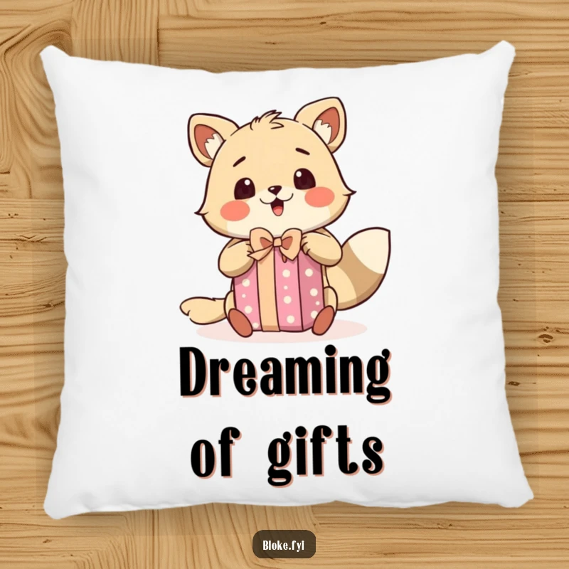 Funny pillow with a bloke animal character showing a surprised expression while excitedly unwrapping a present, perfect for cozy, joyful decor.