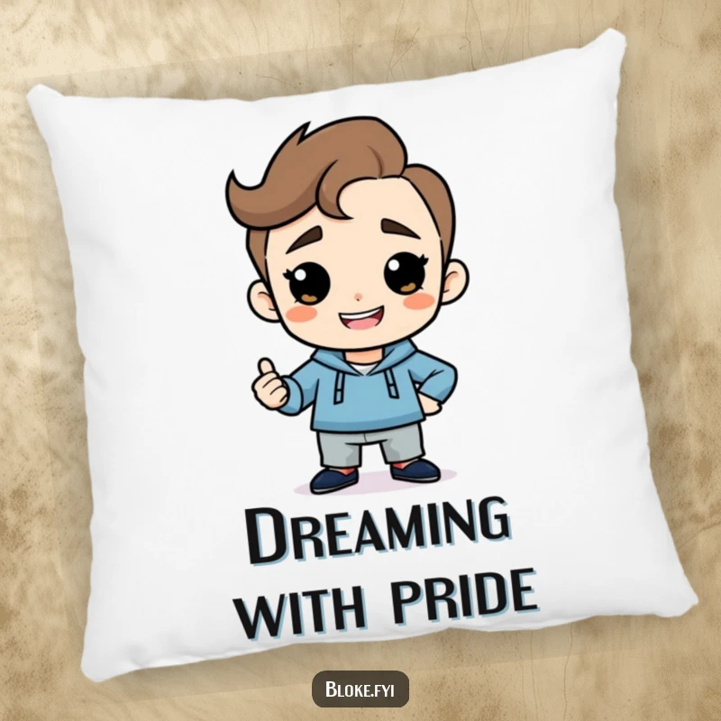 Funny pillow displaying a simple guy character with a cheeky grin in a confident, humorous pose, adding comfort and style.