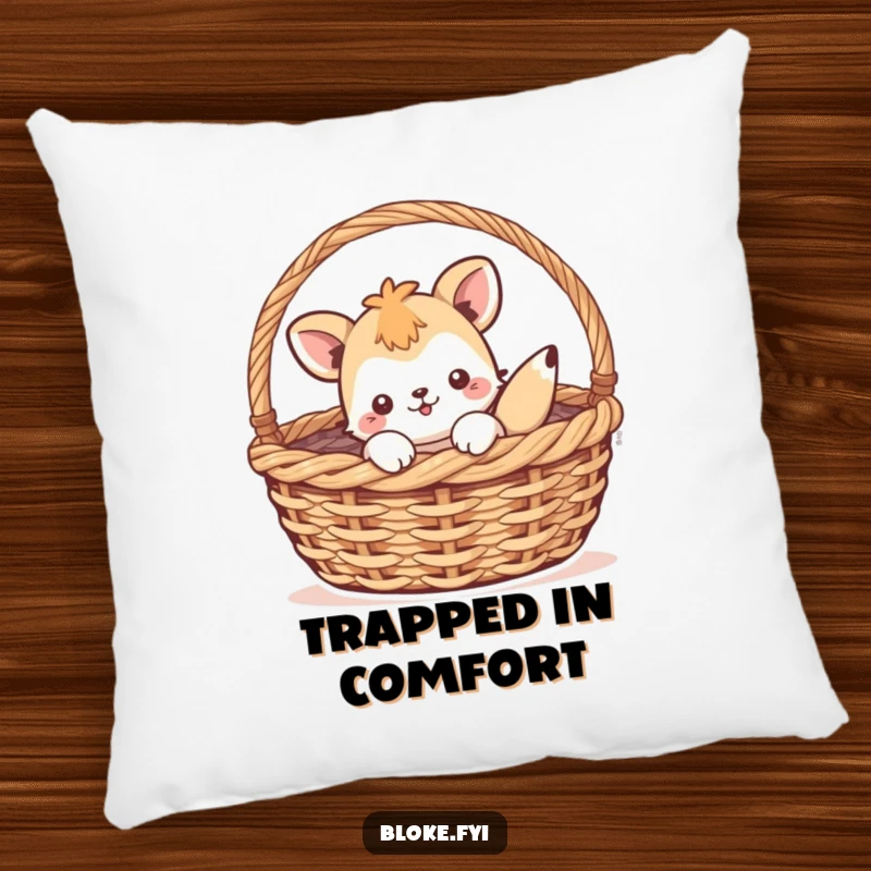 Funny pillow with a playful animal character comically wedged inside a woven basket, offering comfort and a touch of humor.