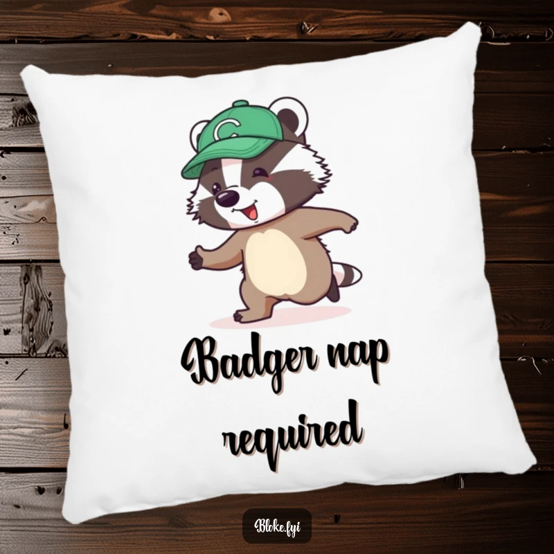 Funny Pillow featuring a jolly badger in a cap awkwardly skipping, perfect for adding a touch of humor.