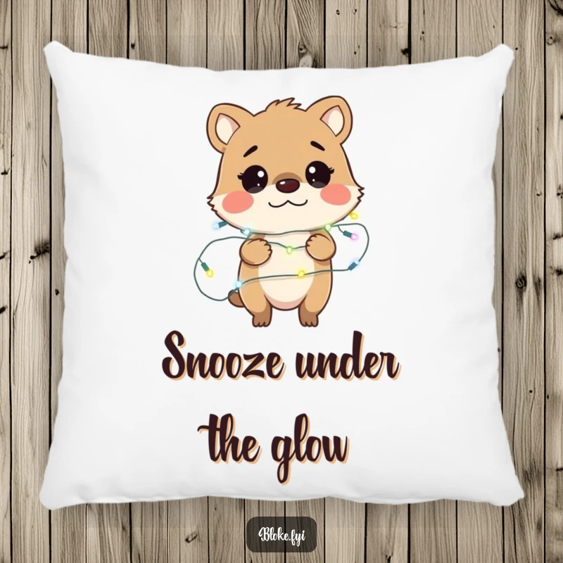 Funny pillow with a bewildered bloke animal character hilariously tangled in a string of fairy lights, adding a touch of festive humor to any room.