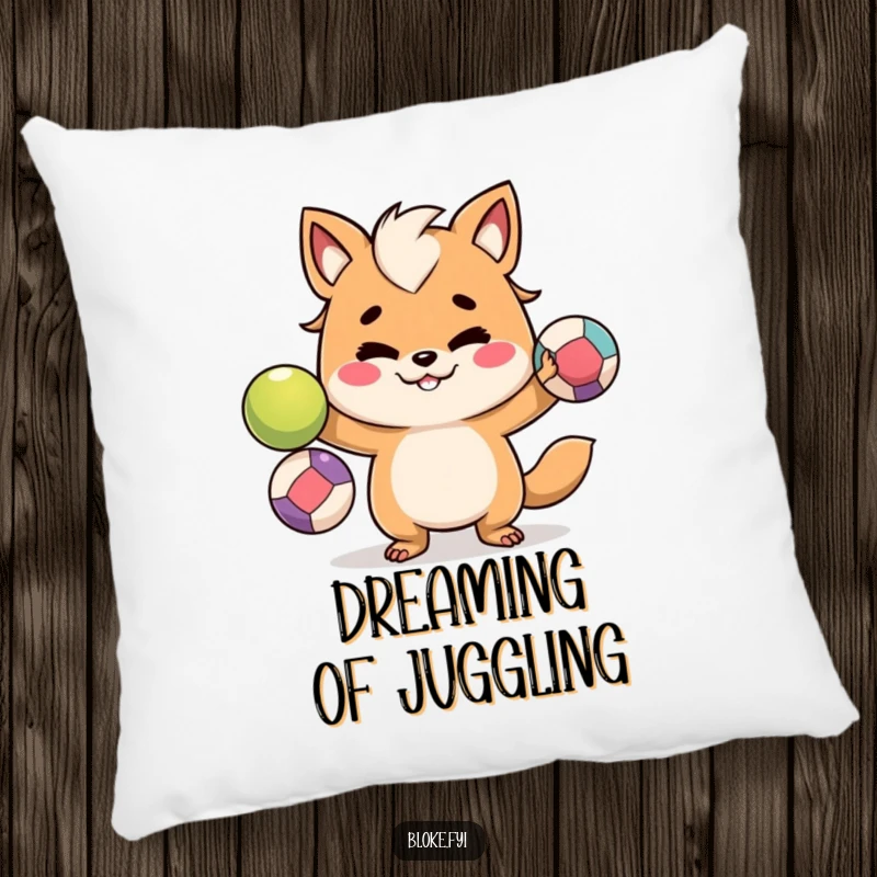 Funny pillow designed with a mischievous bloke animal character juggling colorful balls, perfect for comfort and playful decor.