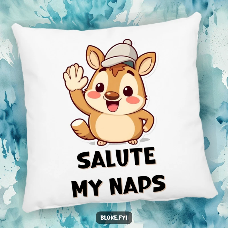 Funny Bloke Animal Pillow: Soft decorative pillow with a happy character saluting smartly with a jaunty cap, adding comfort and humor.