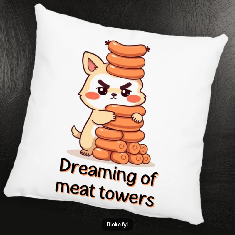 Funny pillow featuring a determined bloke animal character building a tower of sausages, adding comfort and humor to any setting.