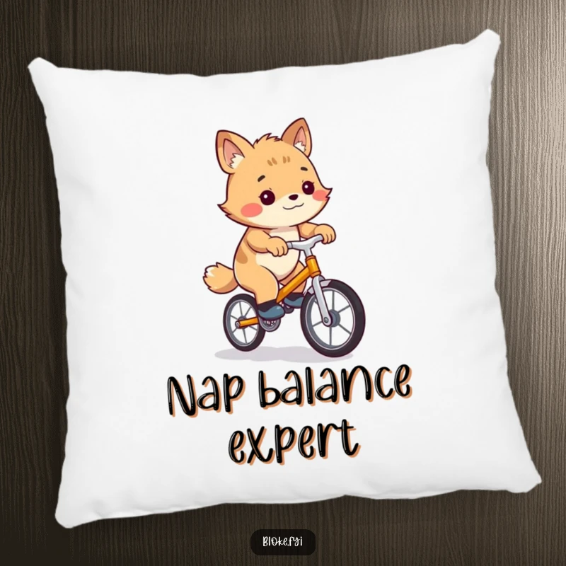 Funny pillow with a clumsy bloke animal character trying to balance on a very small, shaky unicycle, adding humor to decor.