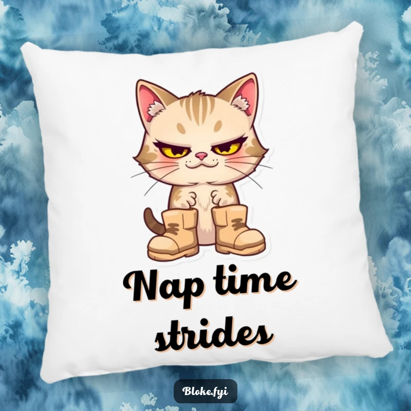Funny cat with a goofy expression wearing large boots, on a soft decorative pillow.
