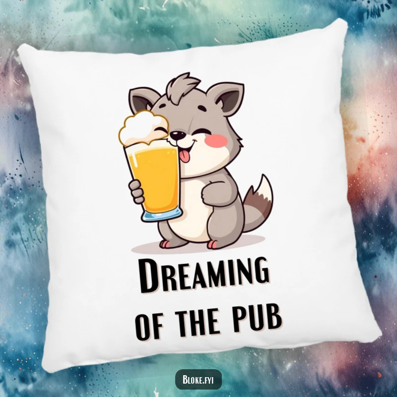 Funny Pillow: Soft cushion featuring a cheeky animal holding a pint glass, perfect for comfort and a festive mood.