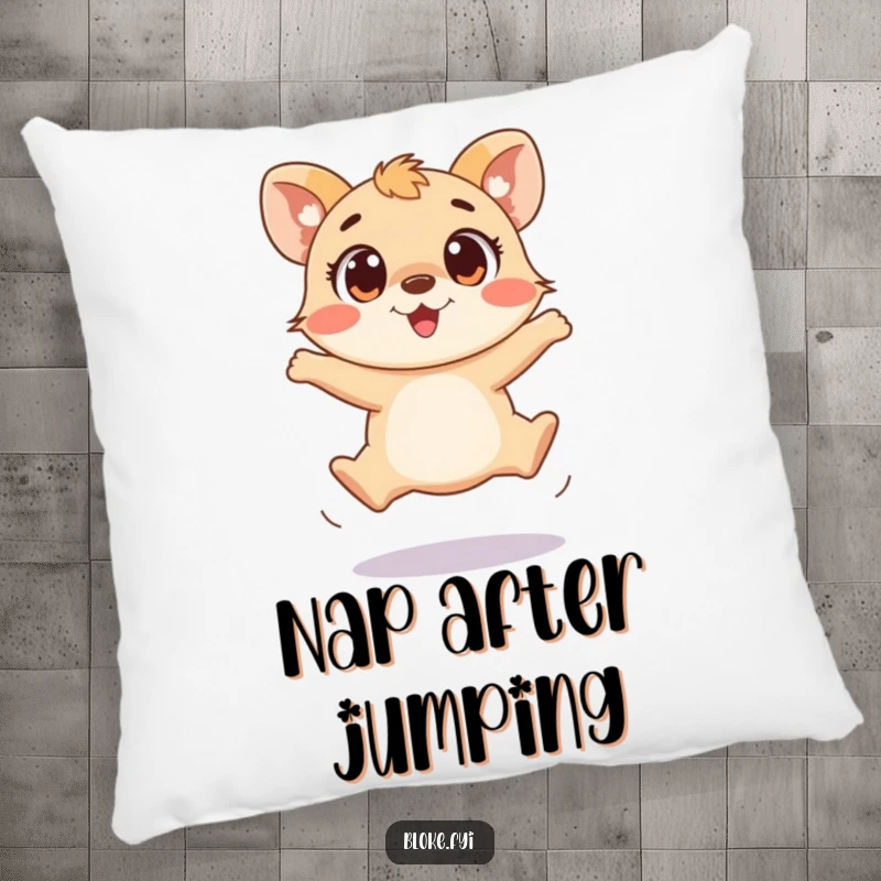 Funny pillow with a playful animal featuring wide, excited eyes attempting a clumsy jump, exuding adorable effort.