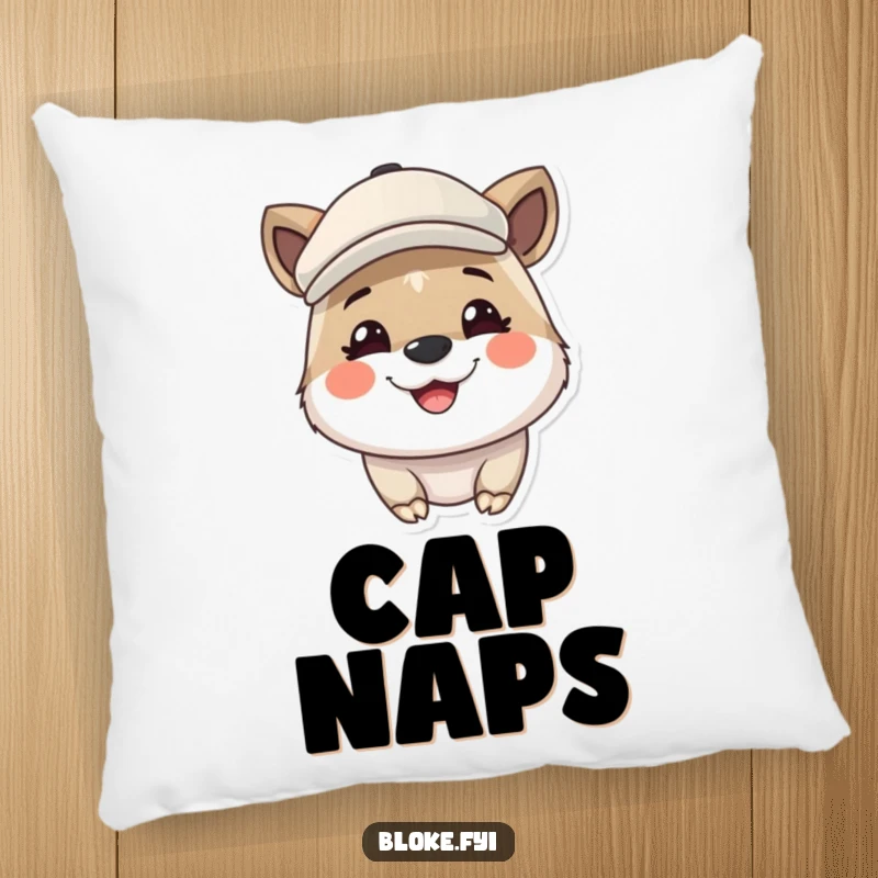 Funny pillow showcasing a cute animal wearing a flat cap and grinning broadly, perfect for adding comfort and humor to any room.