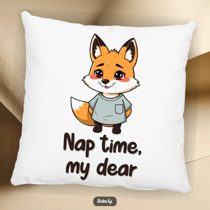 Funny pillow featuring a cheerful, slightly scruffy fox wearing a t-shirt, ideal for adding soft humor.