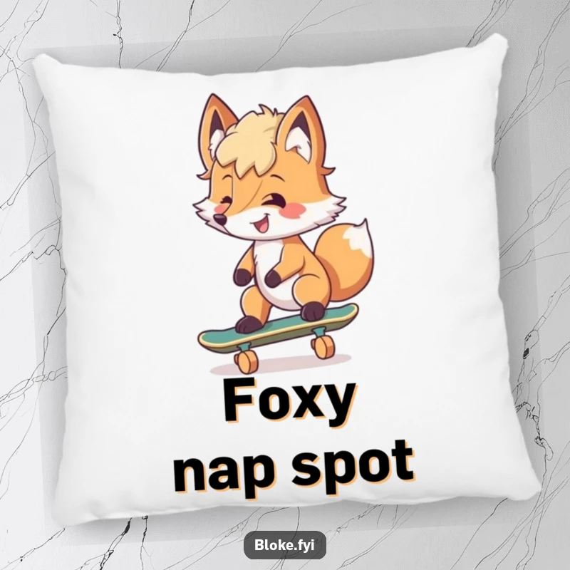 Funny Pillow featuring a smiling fox with tousled fur attempting to skateboard, perfect for adding a cool touch.