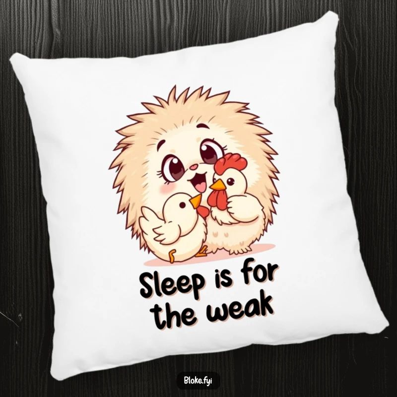 Funny Pillow: A fluffy, wide-eyed creature playing with a rubber chicken, offering a humorous and cozy addition to any room.