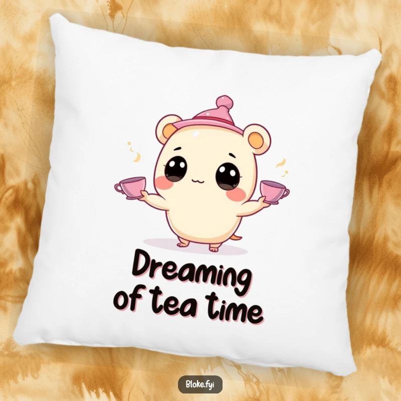 Funny Pillow: A small, round creature with big eyes juggles teacups, adding a touch of whimsical humor to this comfy pillow.