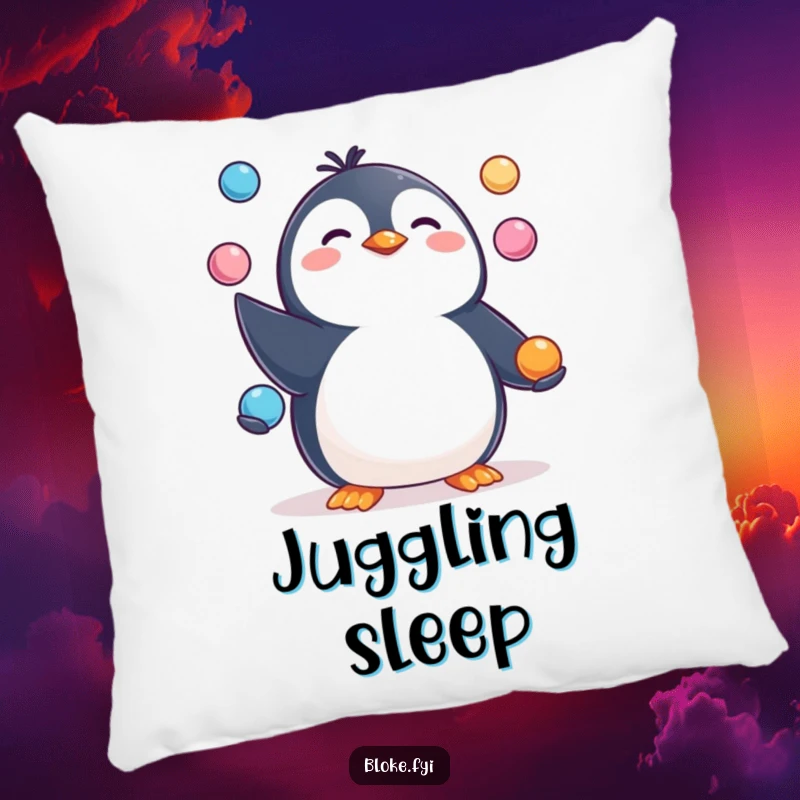 Funny Pillow featuring a happy, pudgy penguin juggling three items, perfect for adding a touch of humor.