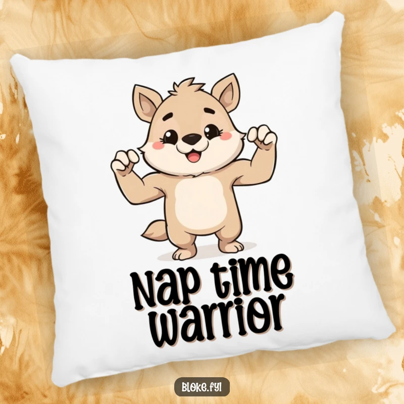 Funny plush pillow with a cute, stout animal character grinning mischievously while flexing its tiny muscles, perfect for cozying up.