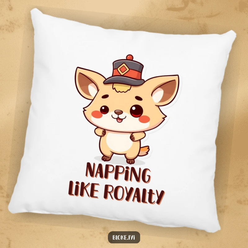 Funny pillow with a proud animal character in a swaggering posture, tipping a tiny hat with a confident air.