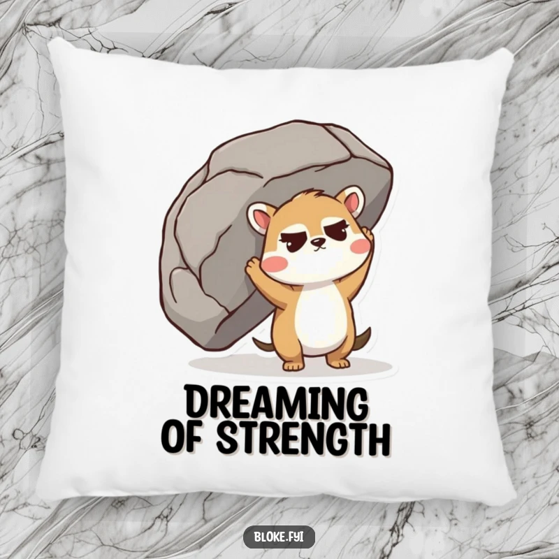 Funny Pillow featuring a cute animal with a furrowed brow, pretending to lift a giant boulder, for cozy relaxation.