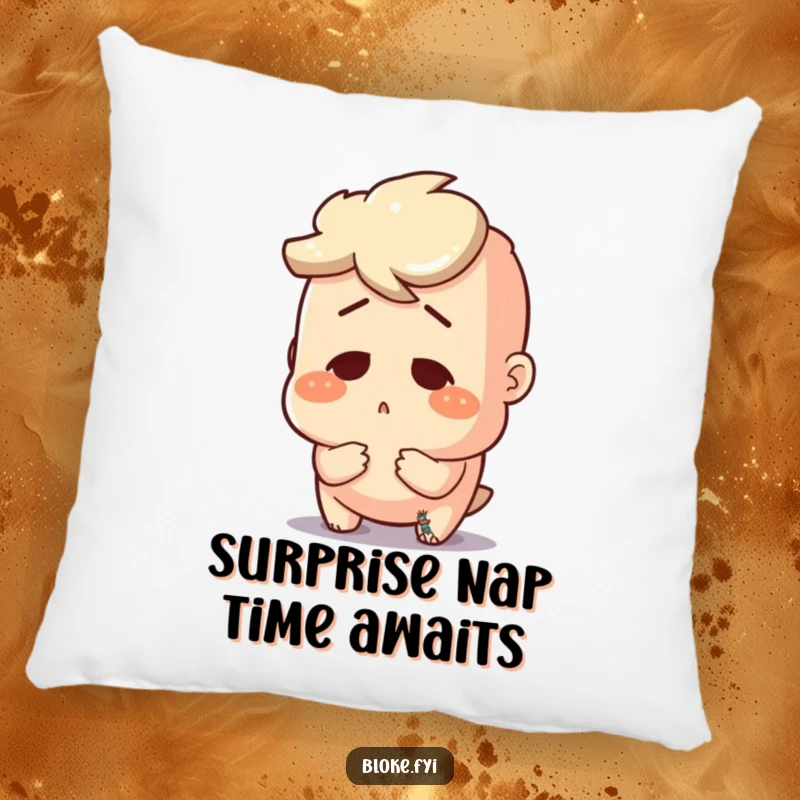 Funny pillow with a soft texture, featuring a bloke character in a state of comical surprise over a tiny detail.