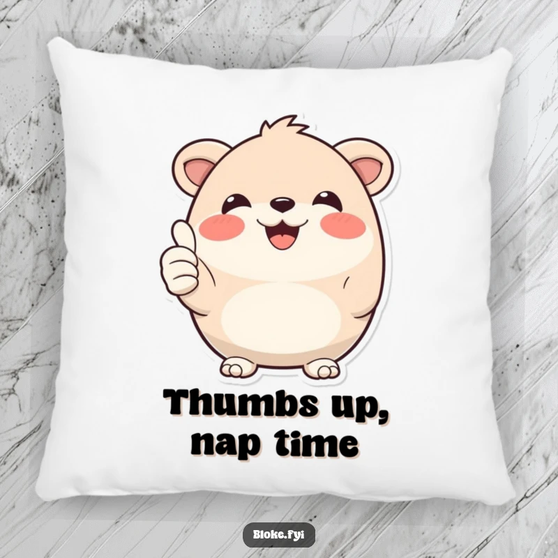 Funny Pillow: A round, smiling animal character beams while giving an enthusiastic double thumbs-up, offering plush comfort and cheer.