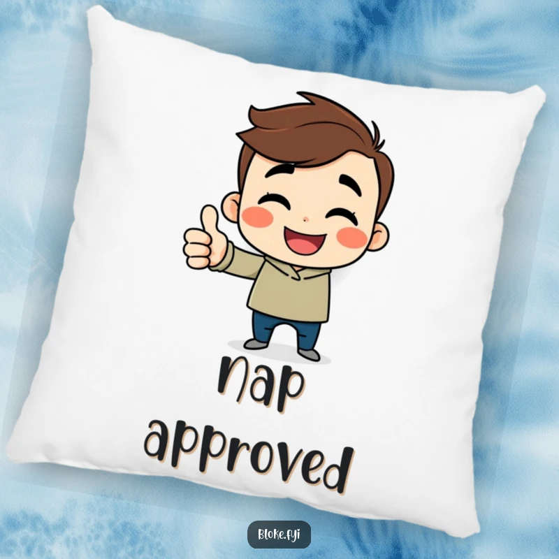 Funny cartoon guy pillow with a cheerful character, sideways smile, and a thumbs up, offering decorative comfort.