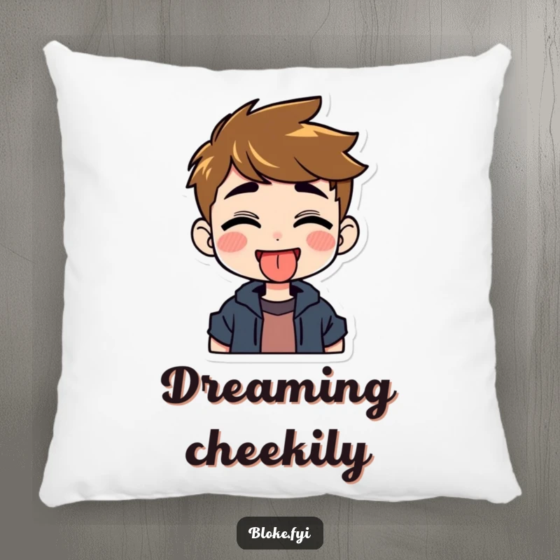 Funny pillow displaying a grinning guy character playfully sticking out his tongue, offering comfort and a mischievous feel.