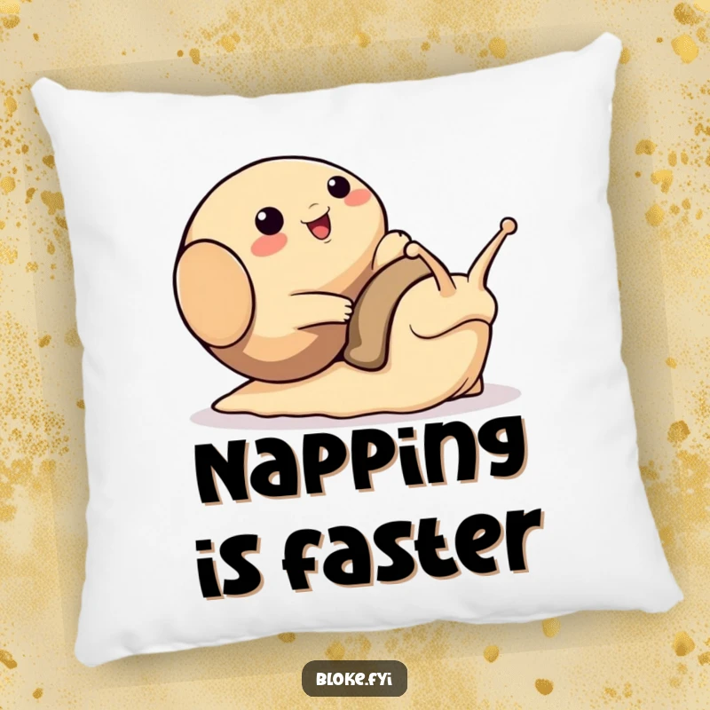 Funny pillow featuring a bloke animal character comically tripping over a large, friendly snail, adding comfort and humor to any setting.