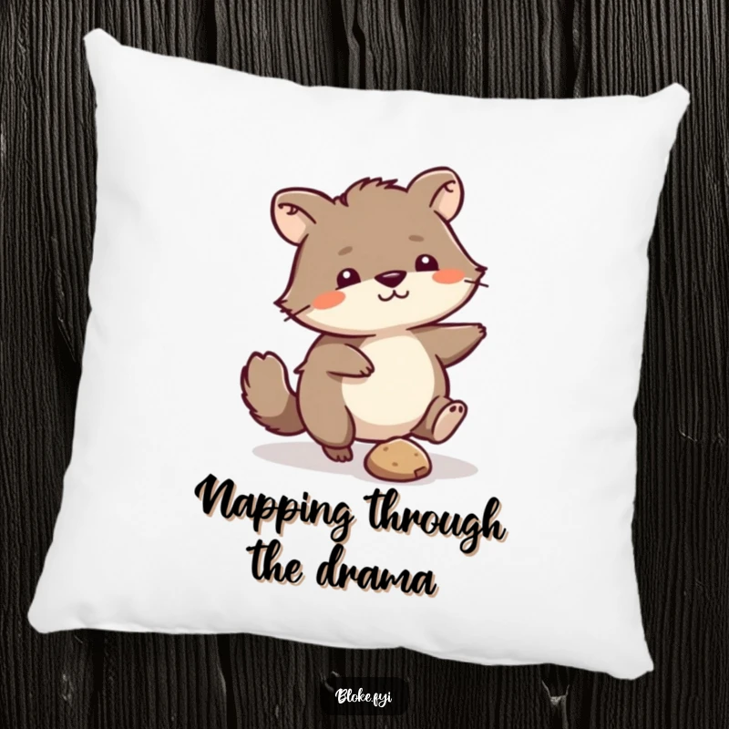 Funny Pillow: Soft pillow featuring a scruffy animal humorously kicking a pebble, bringing comfort and relatable laughs.