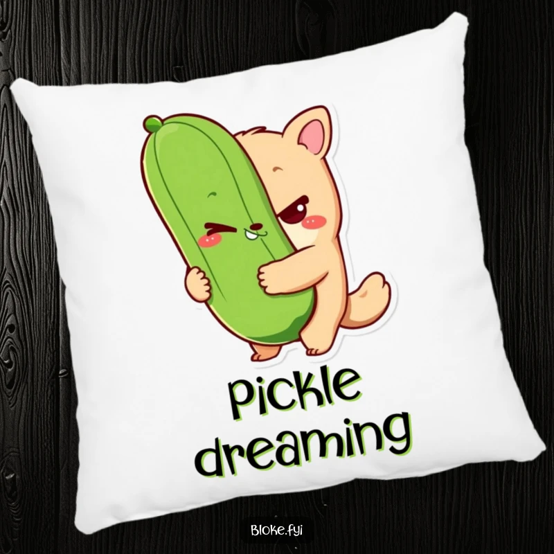 Funny bloke animal character pillow with a sly wink and holding a giant pickle, perfect for adding cozy humor and quirky charm.
