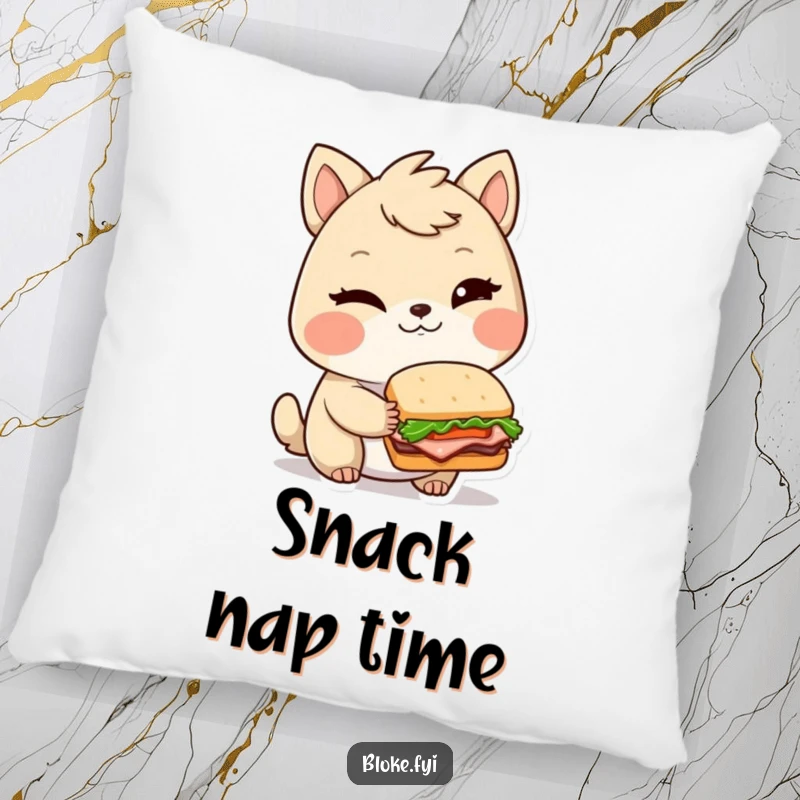 Funny pillow featuring a winking bloke animal character holding a tiny, elaborate sandwich, adding comfort and gourmet humor.
