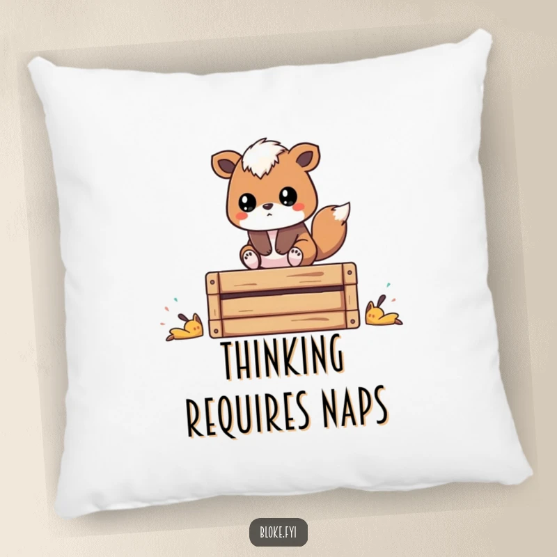 Funny pillow with a stylized animal on a wooden crate, depicted in deep thought, offering comfort and humor as a gift.