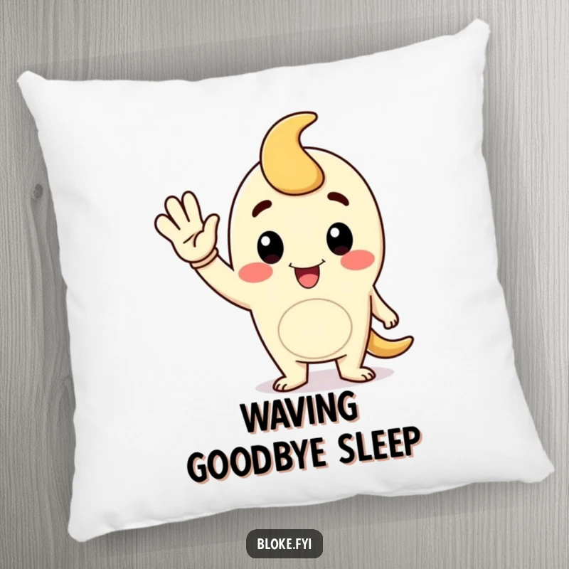 Funny pillow with a soft texture, showing a cartoon fellow character giving a jaunty wave for a cozy feel.