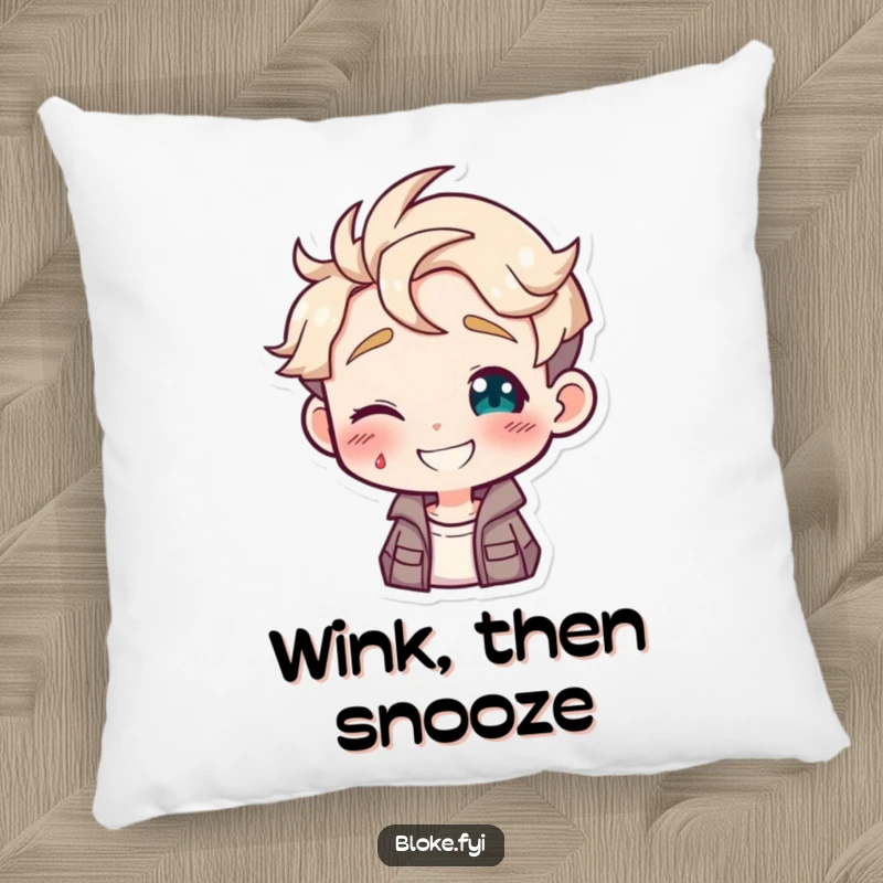 Funny pillow with a soft texture, showing a guy character offering a friendly, playful wink for a cozy feel.