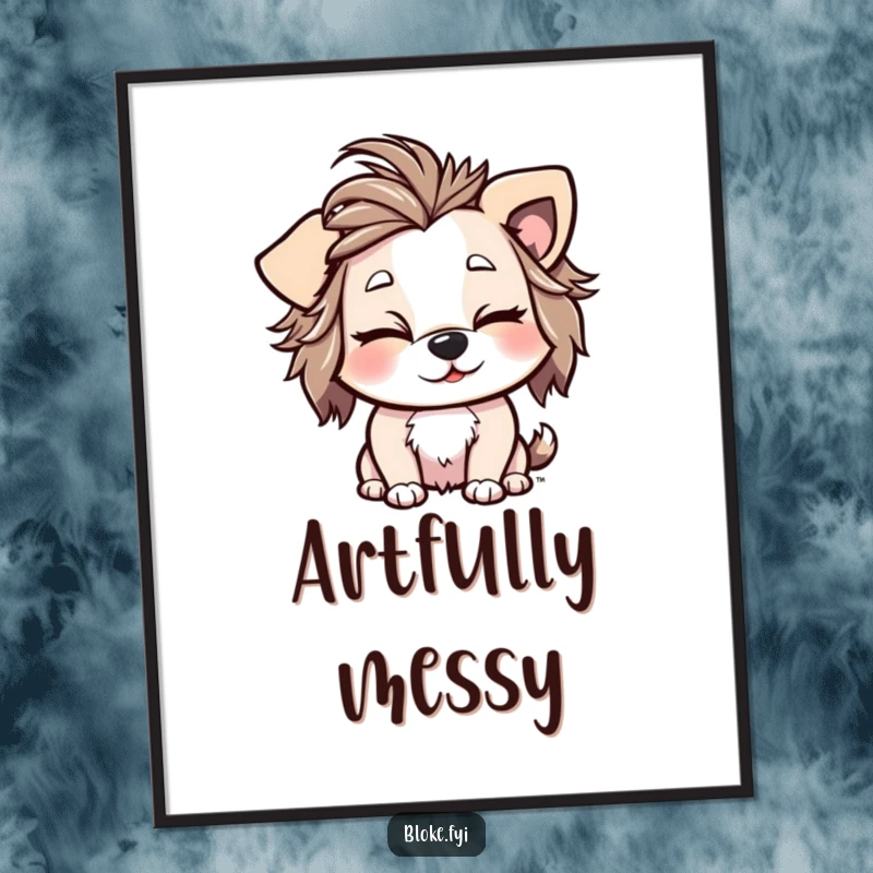 Funny Digital Art Print of a playful dog character with a messy hairdo and a charming, cheeky wink.