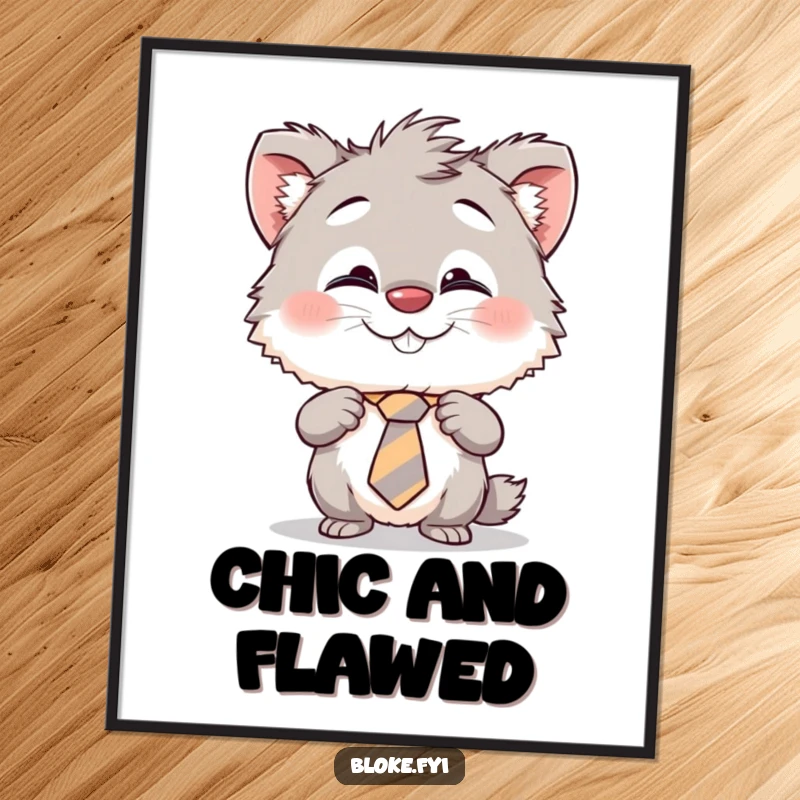 Funny digital art print of a furry creature with a cheeky grin, humorously adjusting its askew tie, ideal for instant wall decor.