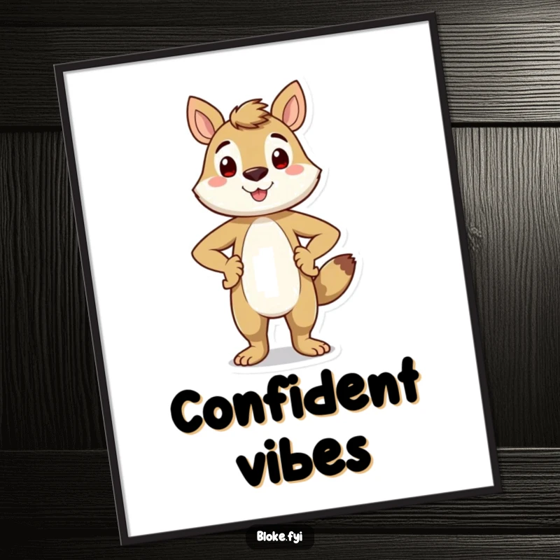 Funny digital art print of a smiling animal character standing proudly with hands on its hips, radiating confidence and a positive vibe.
