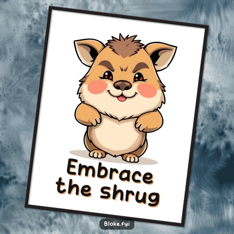 Funny Gruff Animal Digital Art Print showing a character shrugging with a friendly but gruff expression, offering relatable humor.