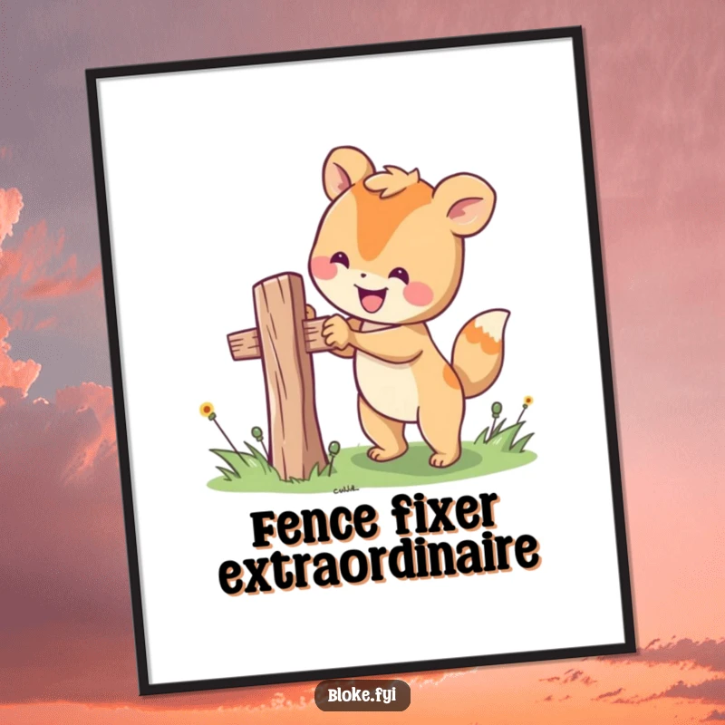 Funny digital art print of a happy animal character diligently fixing a wobbly fence post, perfect for humorous DIY-themed decor.