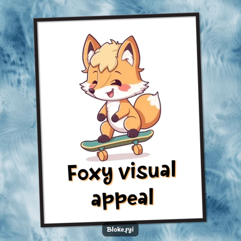 Funny Digital Art Print of a smiling fox with tousled fur attempting to skateboard, radiating cool vibes.