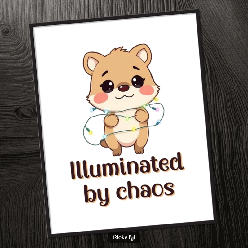 Funny digital art print of a bewildered bloke animal character hilariously wrapped in glowing fairy lights, perfect for instant humorous wall decor.