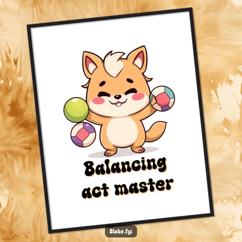 Funny digital art print of a mischievous bloke animal character juggling colorful balls, perfect for instant download.