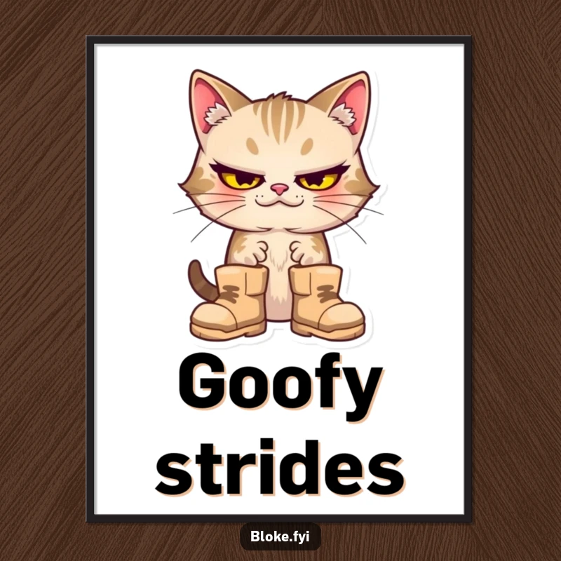 Funny cat with a goofy expression wearing giant boots, as a downloadable digital art print.