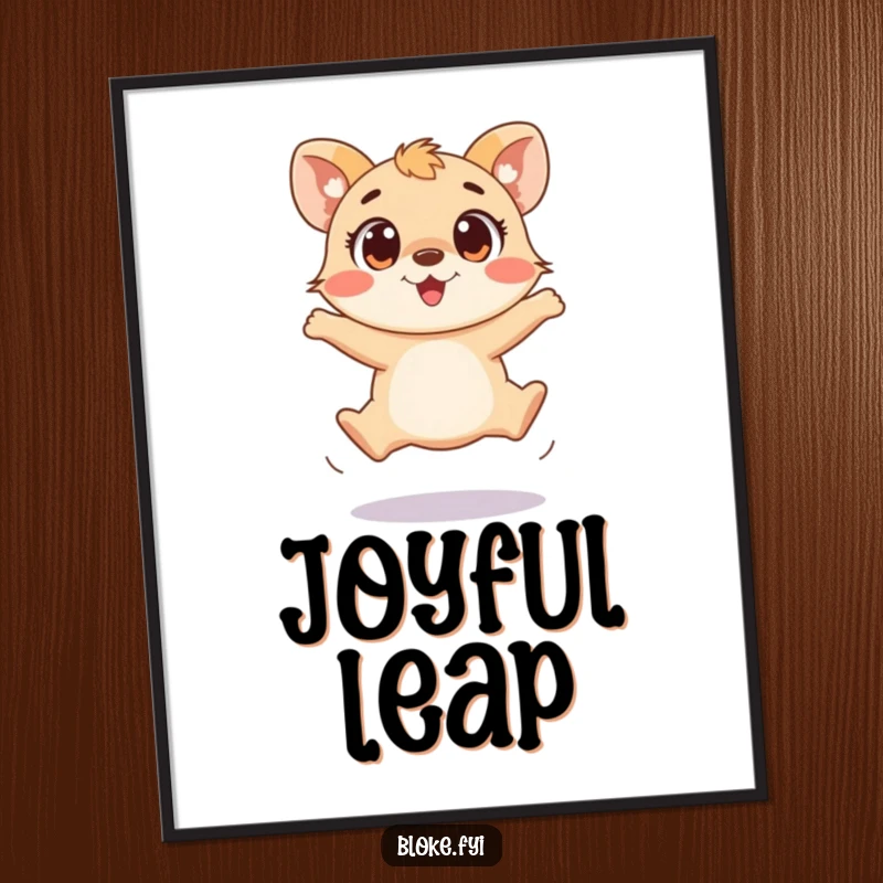 Funny digital art print of a playful animal with wide, excited eyes making a clumsy jump, perfect for wall decor.