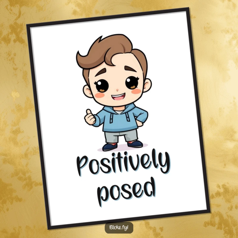 Funny digital art print of a simple guy character with a cheeky grin striking a confident, humorous pose, adding flair.