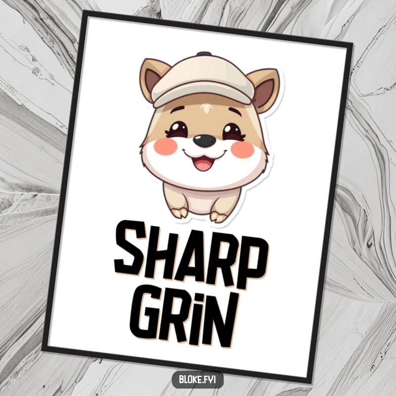 Funny digital art print of a cute animal wearing a flat cap and grinning broadly, perfect for adding cheerful and humorous decor.